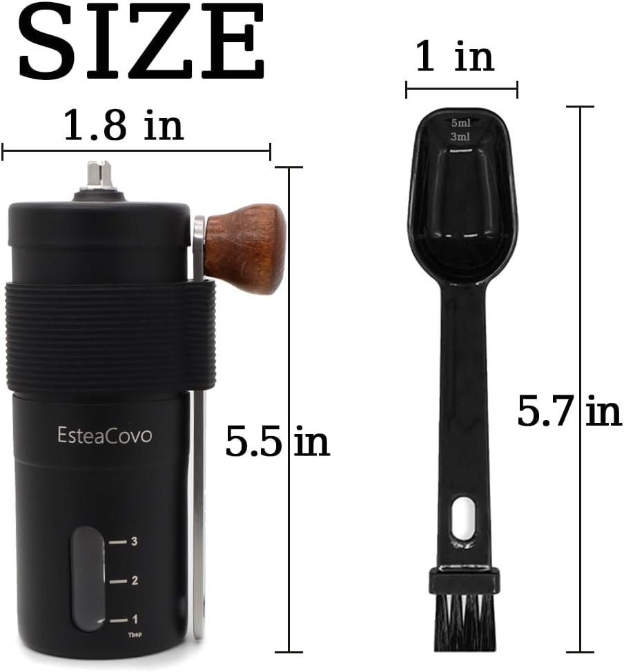 Manual Coffee Grinder for Home Use, Ceramic Burr Hand Crank Automatic Coarseness Stainless Steel Espresso Bean Mill for Travel Camping with Portable Storage Pouch, Easy to Clean Brush Spoon