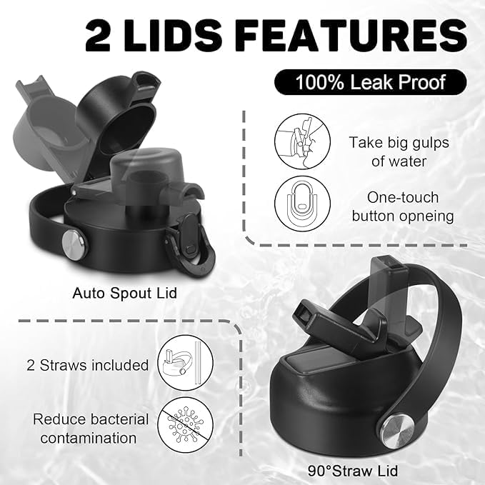 Insulated Water Bottle 32oz with Straw/Spout Lids, Stainless Steel Water Bottles Keep Cold 24h&Hot 12h, Metal Water Bottle with Straw that Fits in Cup Holder, Water Bottle Leak-proof,BPA Free