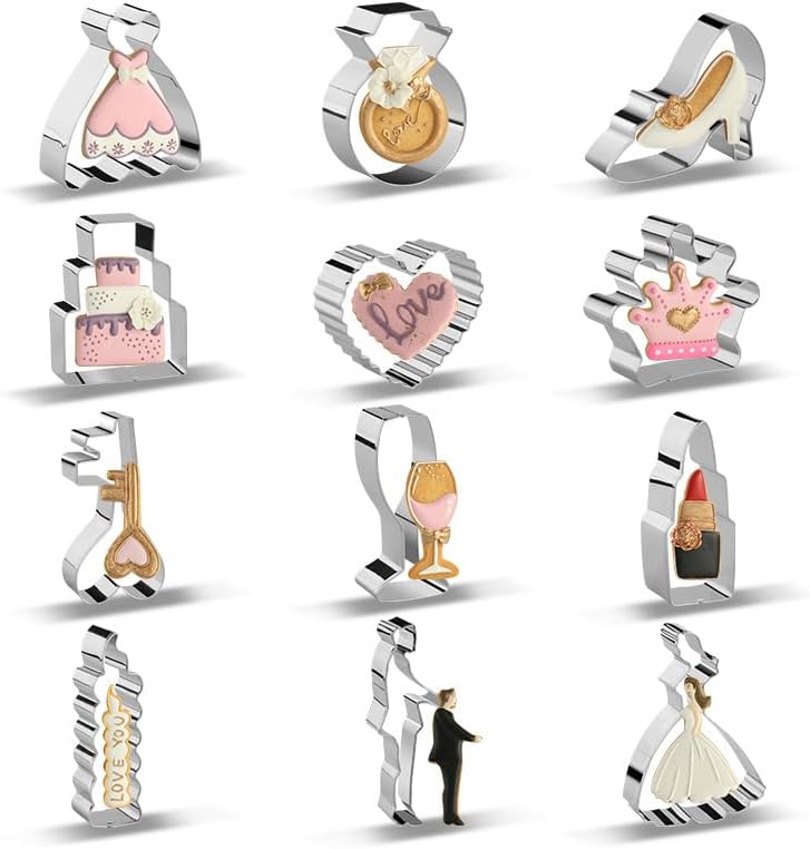 12 Wedding Cookie Cutters Shapes Set for Baking Including Bride and Groom Diamond Ring Wedding Cake Candle Wedding Dress Champagne Glasses Lipstick Heels Etc.