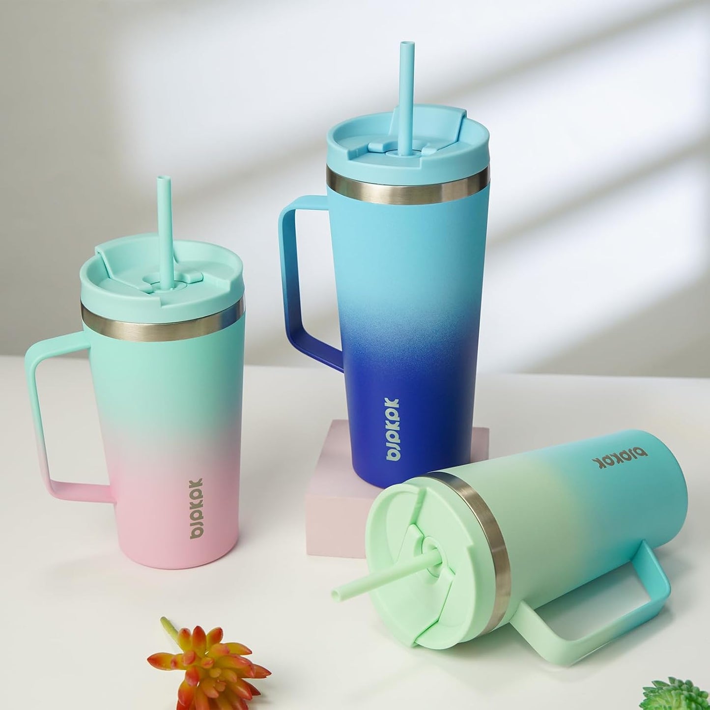 BJPKPK Insulated Tumbler with Handle, 18oz Insulated Tumblers with Lid and Straw, Stainless Steel Metal Water Bottles, Coffee Travel Mugs, Cups, Sky