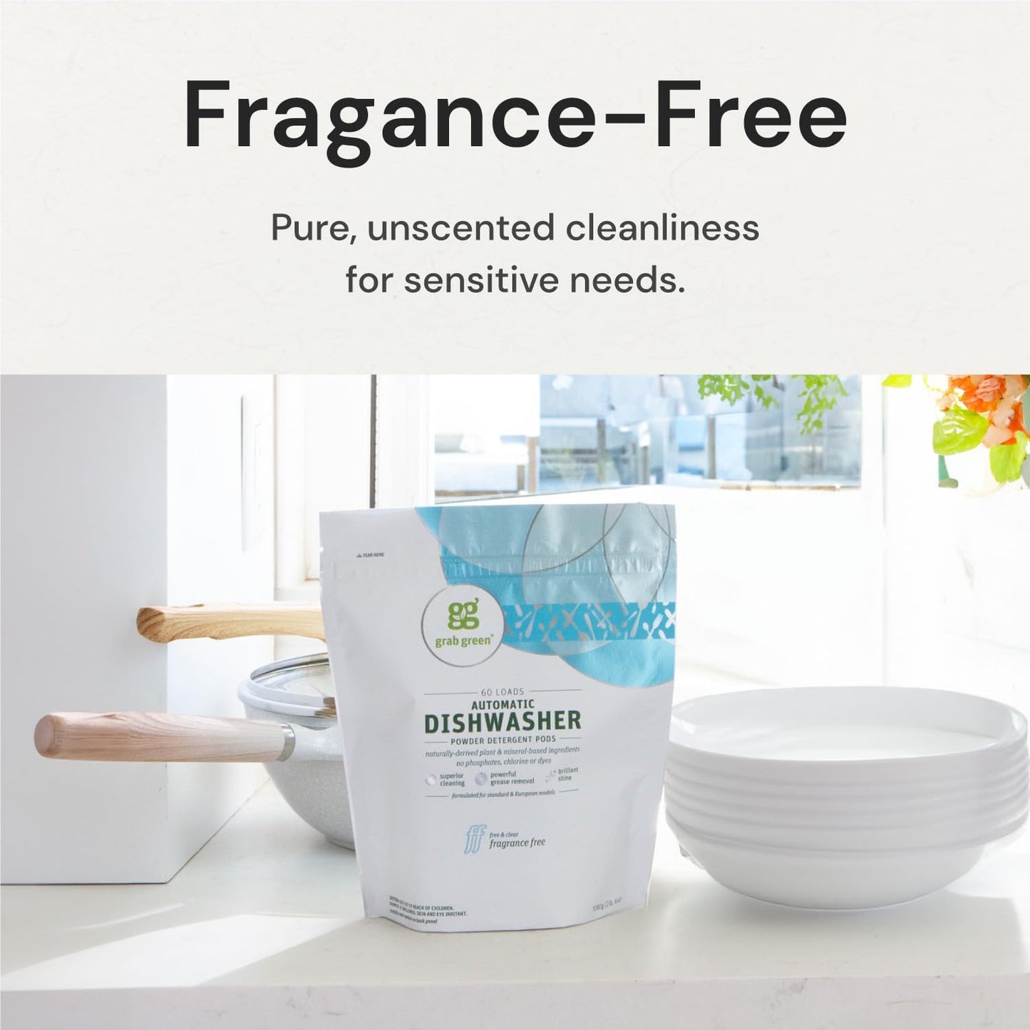 Grab Green Automatic Dishwashing Detergent Pods, 60 Count, Fragrance Free, Plant and Mineral Based, Superior Cleaning, Powerful Grease Removal, Brilliant Shine