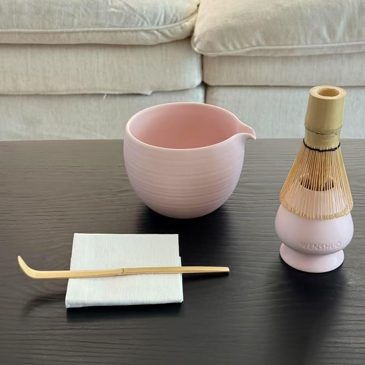 Matcha Whisk Set, Ceramic Matcha Bowl & Whisk Holder, Bamboo Accessory, Modern Design (Matte Soft Pink, Pouring Spout)