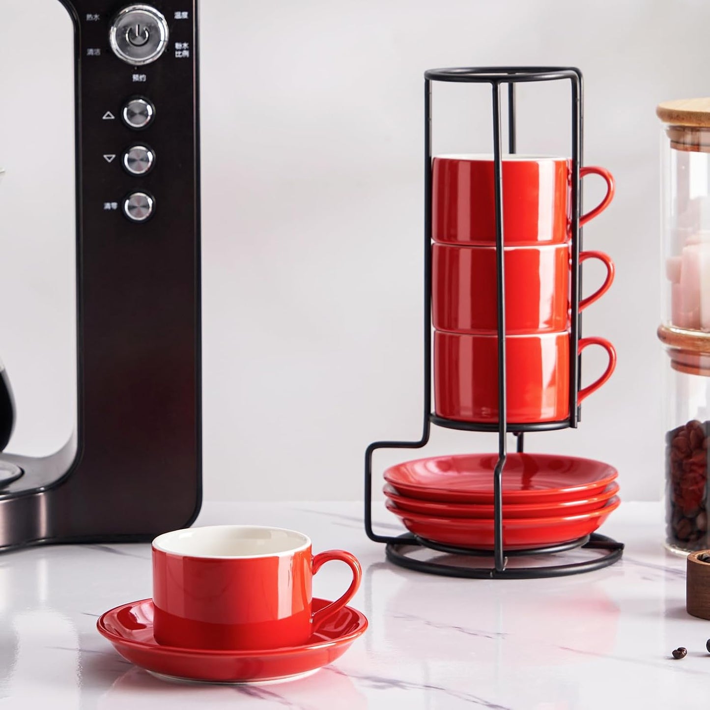 2.5oz Porcelain Stackable Espresso Cups with Saucers and Metal Stand Set of 4, Stackable Cappuccino Cups, Red Expresso Shots Cup Set for Coffee Drinks, Latte, Tea