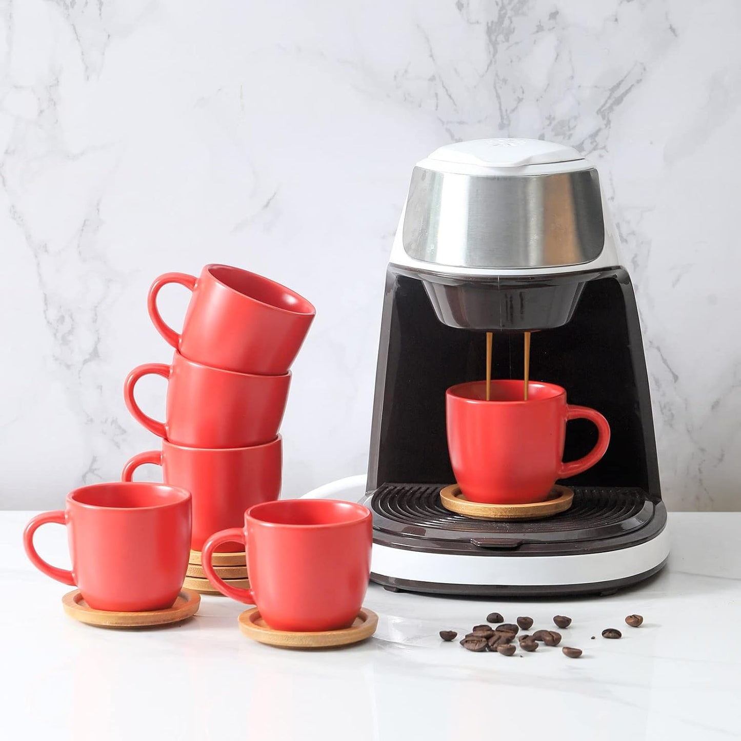 Hasense Espresso Cups and Saucers Set of 6, 3.5 OZ Demitasse Cups with Handle for Drinks, Latte, Cappuccino, Cafe Mocha and Tea, Porcelain Coffee Cups for Coffee Bar Home and Party, Red