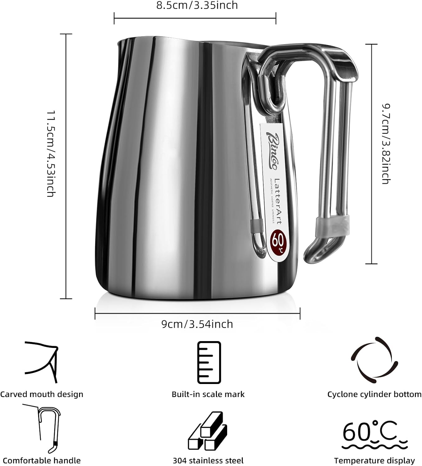 Bincoo Espresso Milk Frothing Pitcher Stainless Steel 20oz/600ML Coffee Milk Frother Cup-Milk Frothing Pitcher with Measurement Lines,Ergonomic Handle for Latte Art & Cappuccin(Steel)