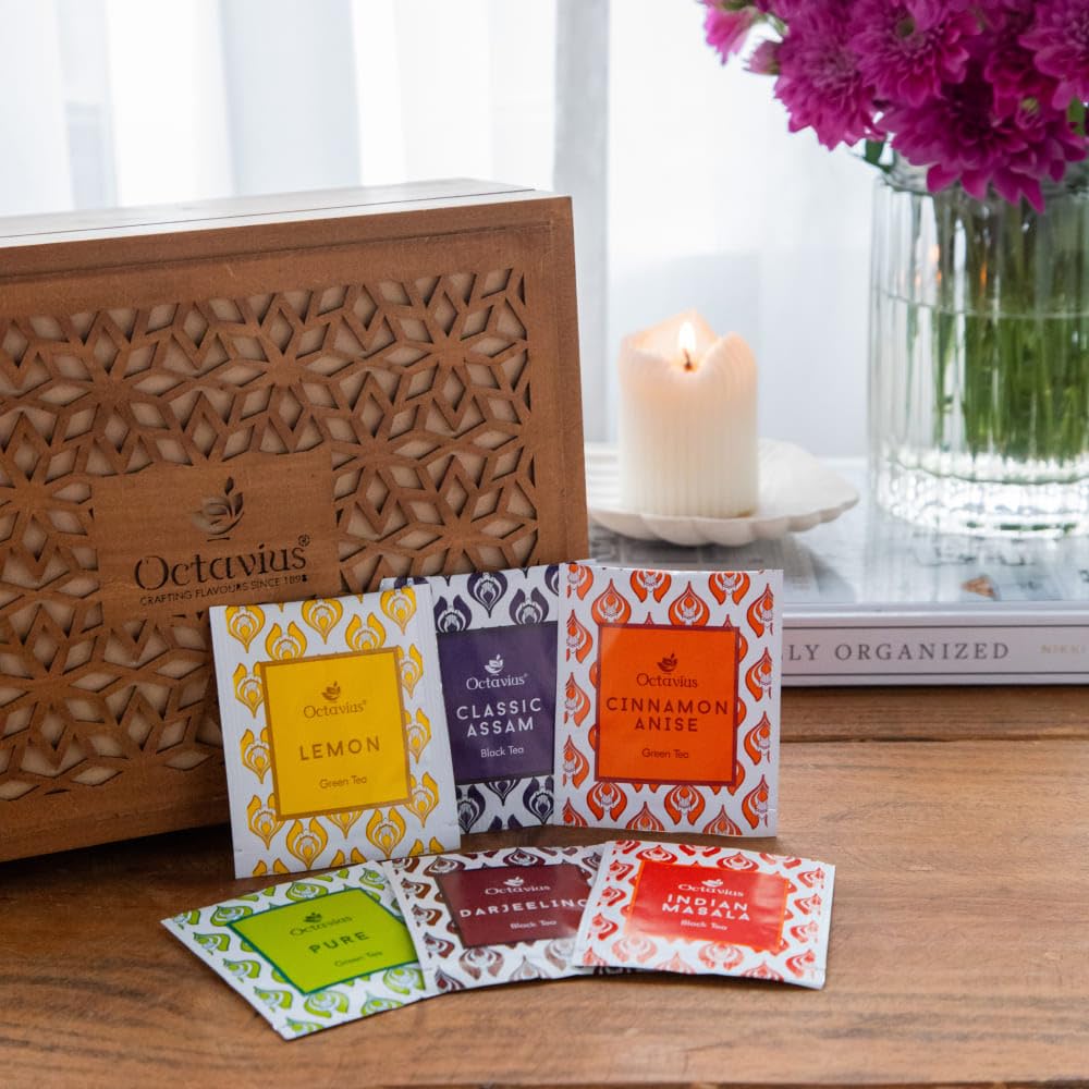 Octavius Floral Cutwork Wooden Tea Sampler Box | Tea Variety Pack Sampler | Green & Black Tea Assortment Gift Box | Perfect For Gifting & Personal Consumption - 6 flavor & 90 bags