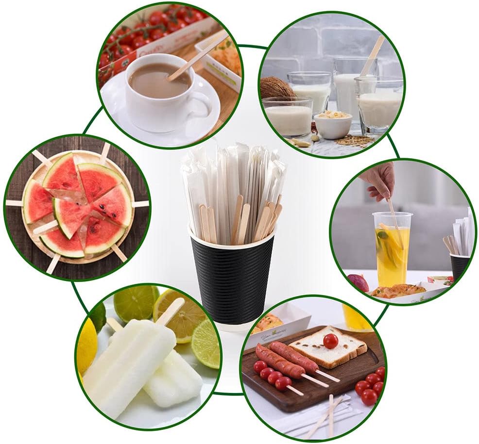 500pcs Individually Wrapped Coffee Stirrers Wood - 7" Coffee Stir Sticks, Round End Disposable coffee stirrer, For Coffee, Cocktail and Hot Drinks