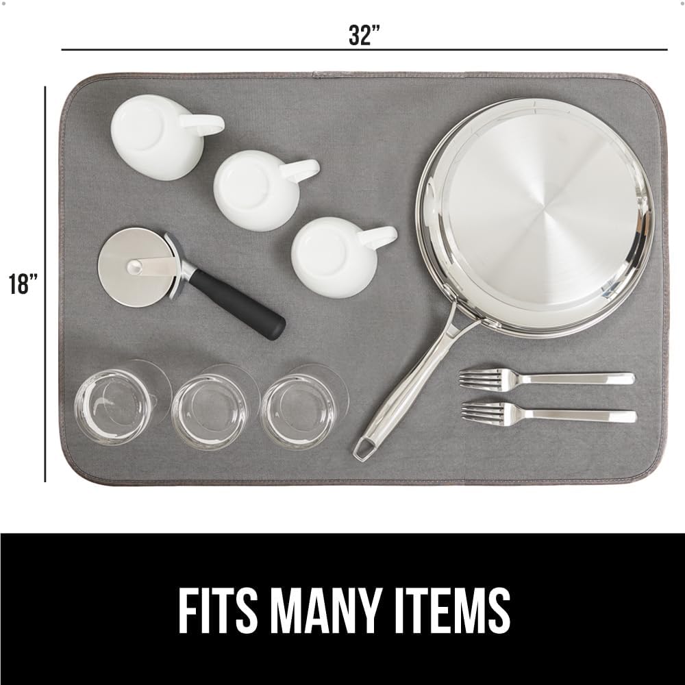 GORILLA GRIP Ultra Water Absorbent Microfiber Dish Drying Mat, 18x32, Quick Dry Thick Mesh, Slip Resistant Pad for Sink Dishes or Under Rack, Kitchen Counter Accessories, Machine Wash Mats, Gray