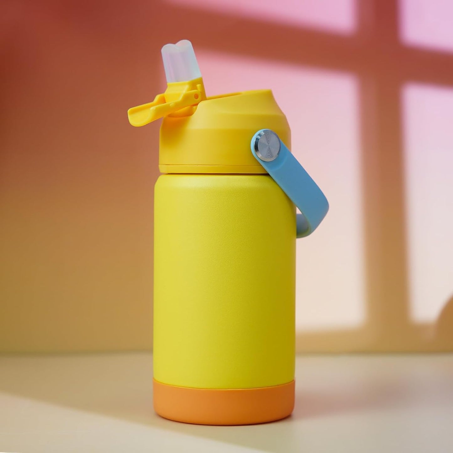 BJPKPK Insulated Water Bottle with Straw Lid, 12oz Thermos Water Bottles with Soft Nozzle, Flex Handle & Non-slip Boot, BPA Free Leak Proof Stainless Steel Metal Thermos, Tumblers, Cups,Yellow