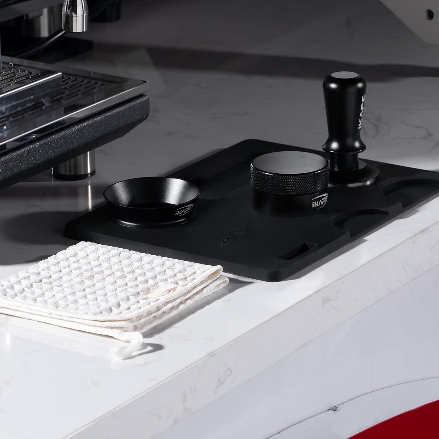 IKAPE 58MM Espresso Tamper Kit Black 6 IN 1, Coffee Tamper Set Including Tamper, Distributor, Magnetic Dosing Funnel, Silicone Mat, Puck Screen, and Cleaning Towel
