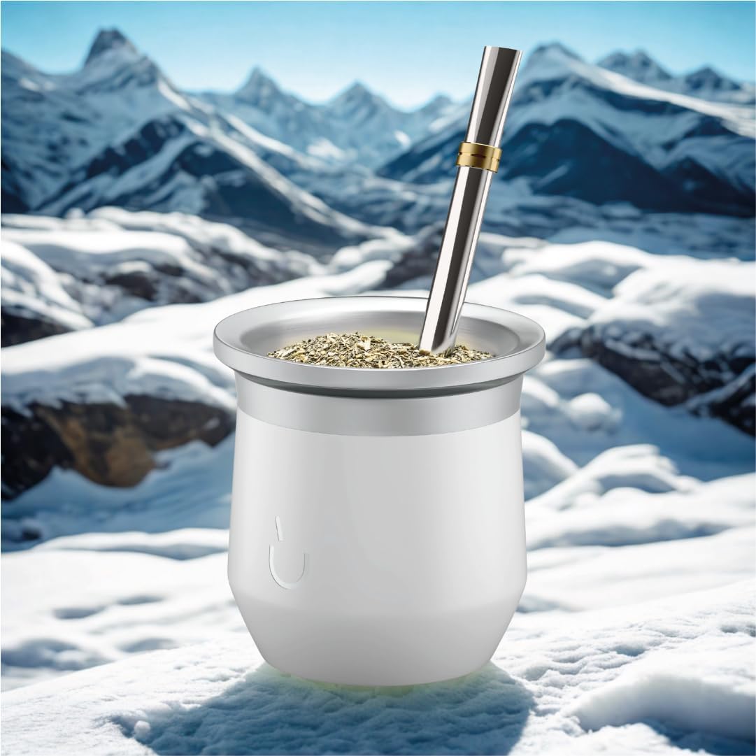 BALIBETOV Yerba Mate Cup – Vacuum Insulated Stainless Steel Gourd with Silicone Cover & Non-Slip Base – Includes 2 Bombillas & Cleaning Brush – Unique Design, Easy to Clean