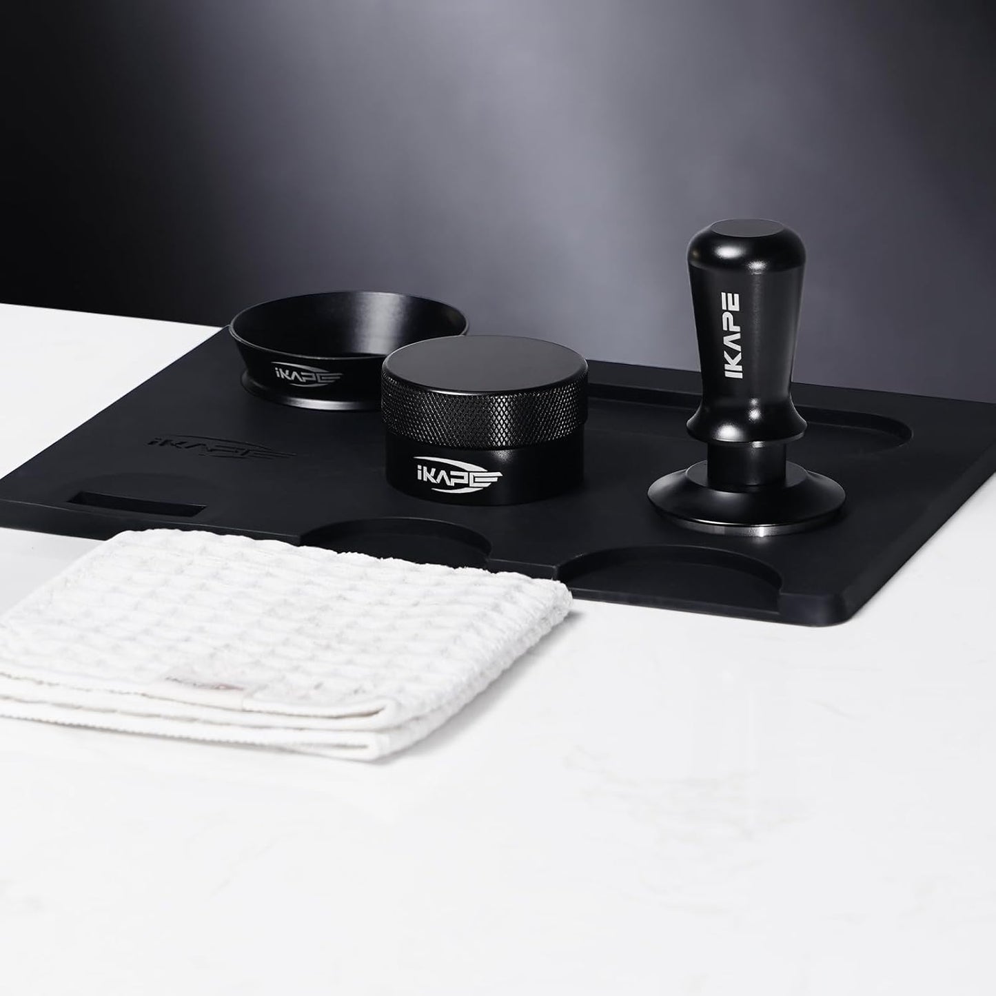 IKAPE 53.3MM Espresso Tamper Kit Black 6 IN 1, Espresso Tool Kit with Coffee Tamper, Distributor, Magnetic Dosing Funnel, Silicone Mat, Puck Screen, Cleaning Towel