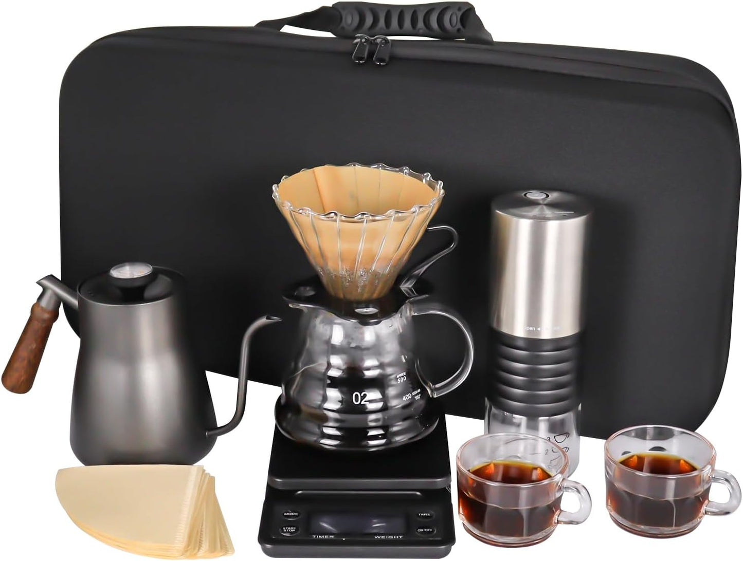 SOTECH Outdoor Coffee Hand Brewing Set Easy Operate Portable Travel Bag With Electric Grinder Hand Brewing Pot 850Ml For Outdoor Camping Rv Hiking Picnic (Coffee Set For 2 Cups)