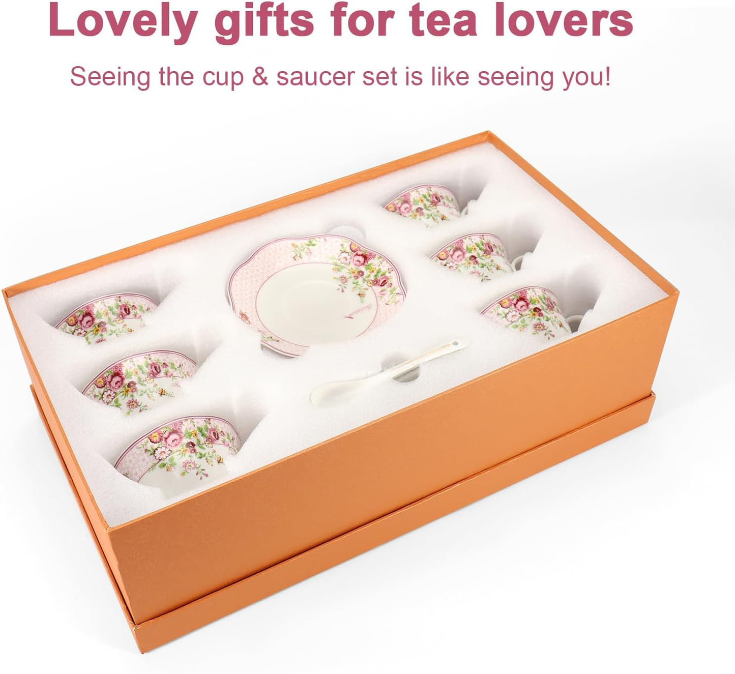 Cup and Saucer Sets of 6 with Spoon, 8oz Ceramic Tea Cups Saucers Set Porcelain New Bone China Floral Vintage Coffee Cup & Saucer Sets -Microwave Dishwasher Safe (Pink)