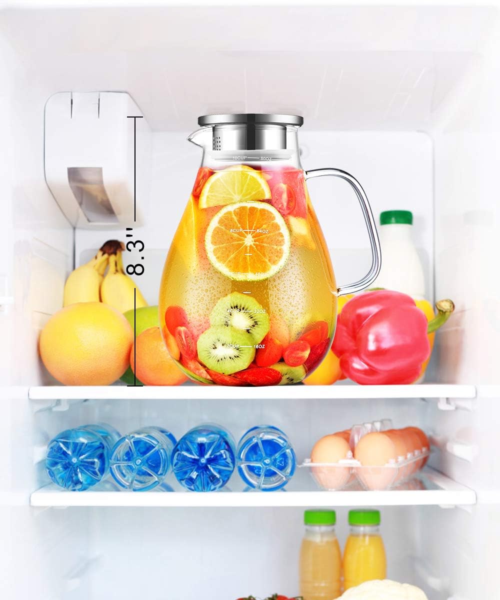 Glass Pitcher, veecom 80oz Water Pitchers with Lid and Spout for Drinks, Hot&Cold Beverage, Juice, Iced Tea Pitcher for Fridge, Borosilicate Glass Carafe/Jug with Brush