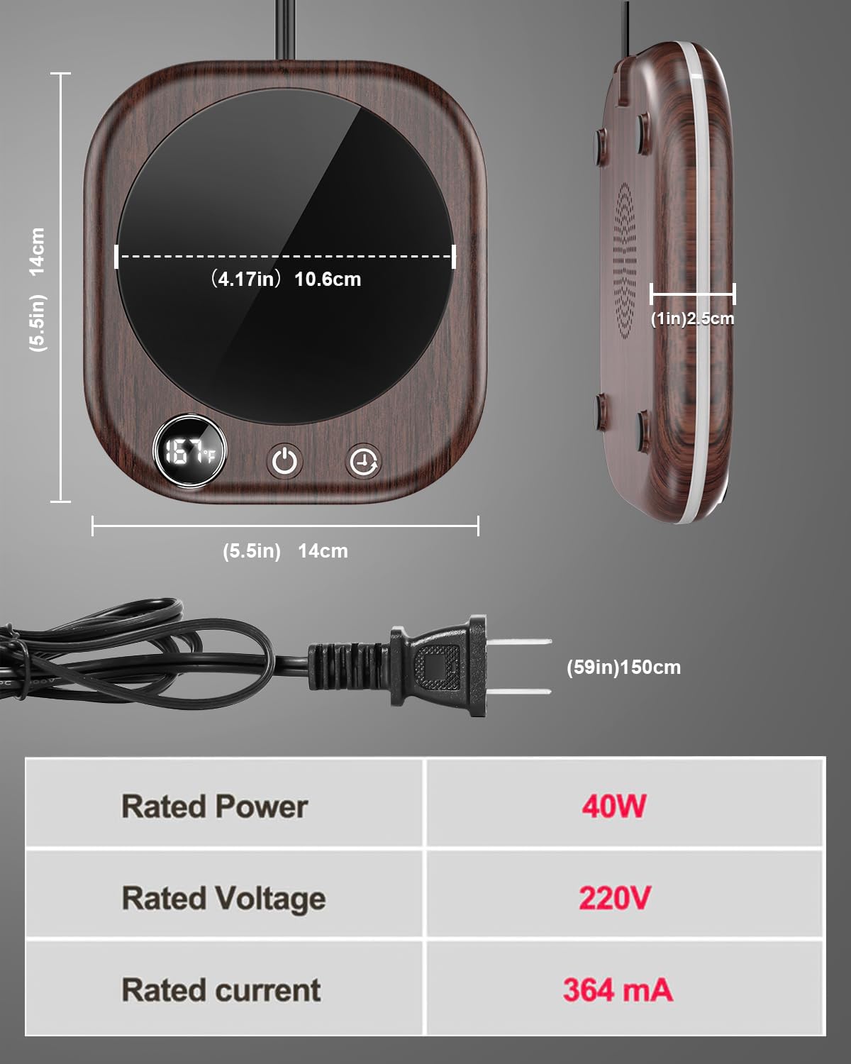 Mug Warmer,40W Coffee Mug Warmer for Desk with Temperature Display, 4 H Auto Shut Off, 3 Temp Settings & 1-12H Timer, Smart Electric Beverage Warmer for Coffee, Tea, Water, Milk and Coco(Wood Grain)