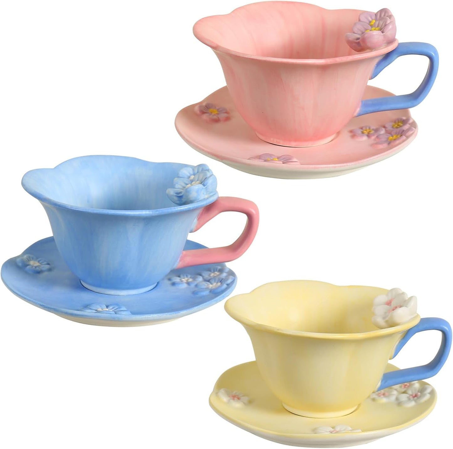 Floral Tea Cups and Saucers, Ceramic Cute Coffee Mug for Women Tea Party, Cappuccino Latte Milk (Pink)