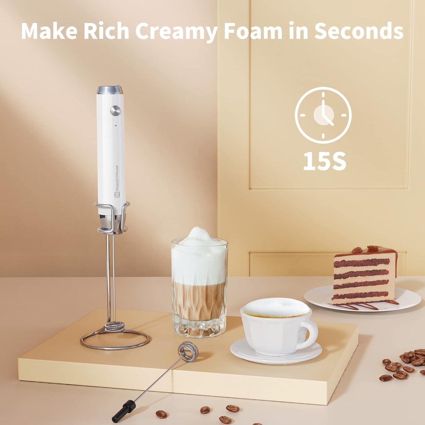 Maestri House Rechargeable Milk Frother with 3 Heads, LunaFro AS Handheld Electric Foam Maker Waterproof Detachable Stainless Steel Whisk Drink Mixer Foamer with Stand for Lattes, Cappuccino, Egg