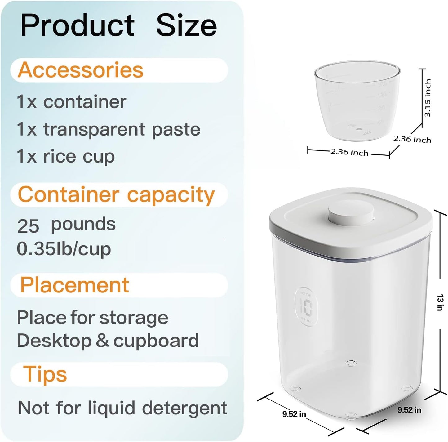 20-25 lbs Rice Dispenser,10.5 Qt/10 L/22-25 lbs Rice Container Storage with Measuring Cup & Brush Food Cereal Container Bins Household for Kitchen Pantry Organization (AY-10KG-WHITE)