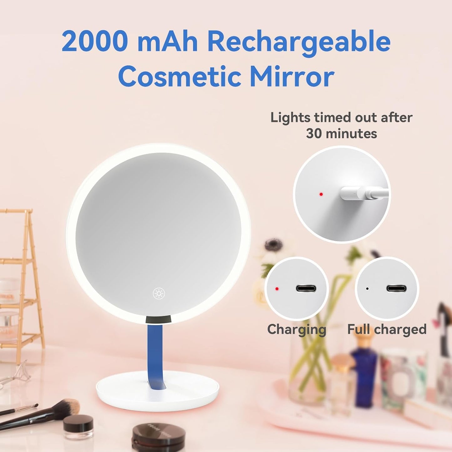 9.65-inch Lighting Makeup Mirror, 1x / 10x,Touch Control,3-Color Adjustable,Metal Stand,up and Down Adjustable Makeup Mirror, High Color Rendering, Eye-Protecting Light Source,Ultramarine