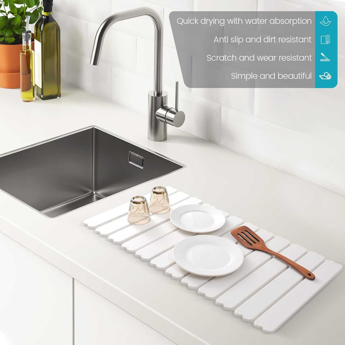 Extral Large Quick Dry Stone Drying Mat for Kitchen Counter,28x16 Inch Collapsible Eco-Friendly Absorbent Diatomaceous Earth Mat for Dishes Cups,Dish Drying Mats (White-Love Shape, 28x16 inch)