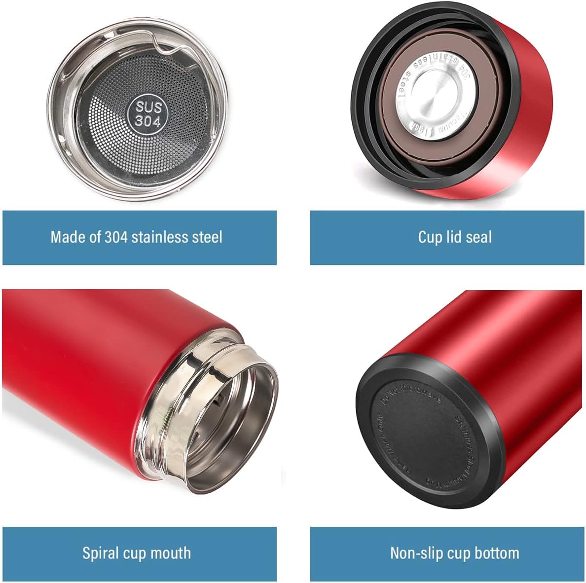 Insulated Water Bottles- Vacuum Tumbler for Coffee, Tea and Drinks with Stainless Steel Infuser - 15 oz Tea Thermo Travel Bottle/Keeps Drinks Hot or Cold for Hours/Gift Packing (Red)