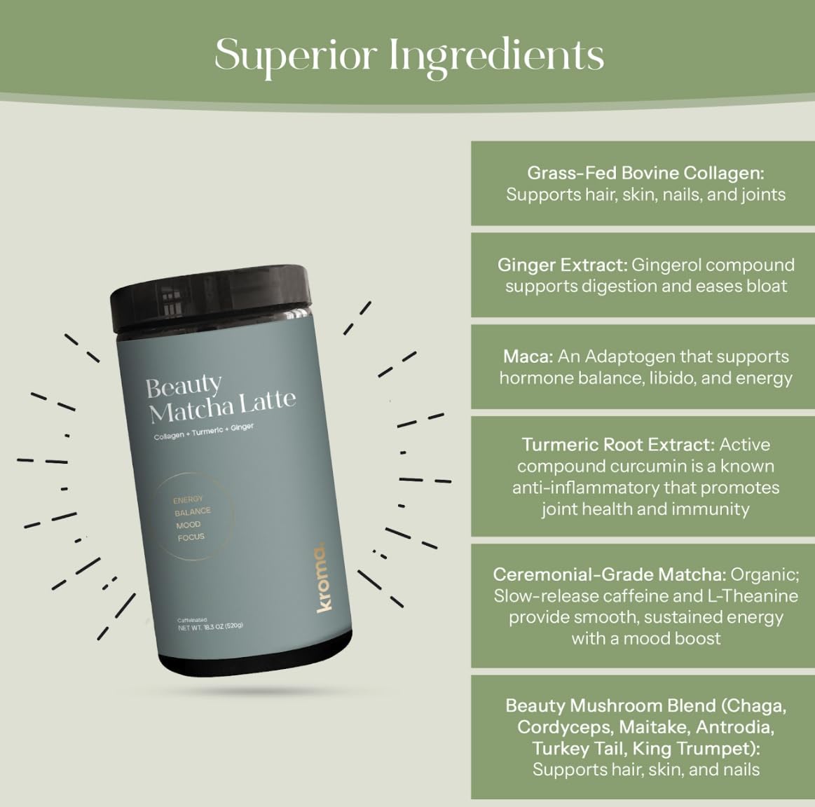 Kroma’s Beauty Matcha Latte Powder 17.75 Oz, 503g, 60 Servings – Collagen Ceremonial Grade Matcha Green Tea with Protein for Glowing Skin & Hair Support w/Bovine Collagen, w/Ginger, Turmeric & Adaptogenic Mushrooms