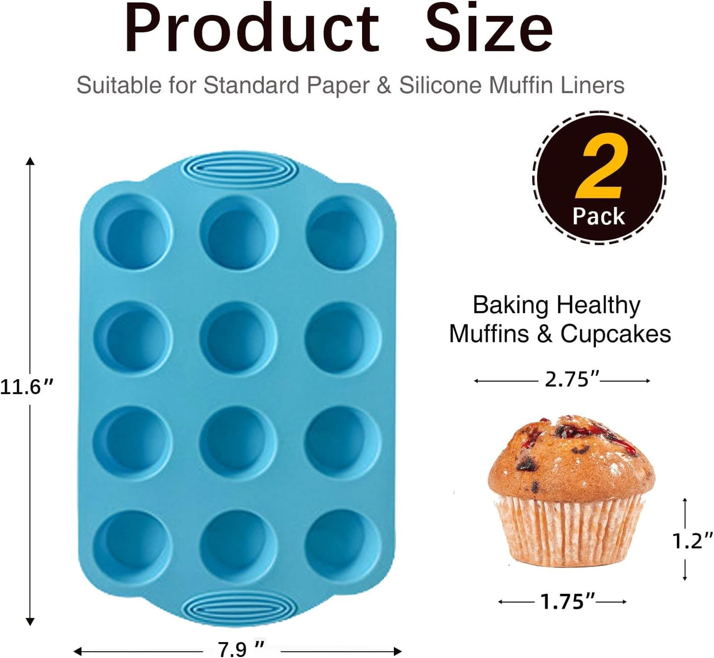 2 Pack Silicone Muffin Pan - 12 Regular Size Cups Muffin Pan, Non-Stick Cupcake Pan Great for Homemade Muffins,Cupcakes, Muffin Cakes, Oven and Dishwasher Safe BPA Free(Blue)