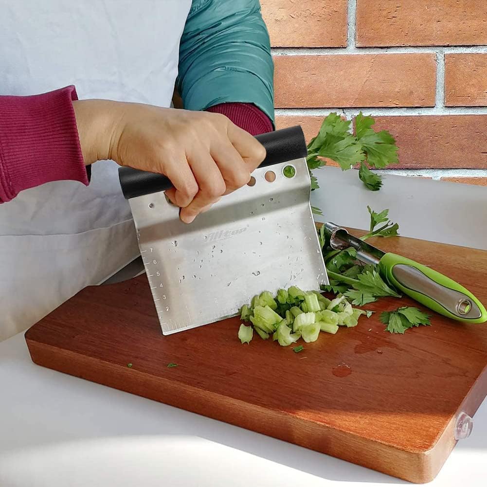ALLTOP Bench Scraper & Chopper with Herb Stripper,Stainless Steel Multipurpose Kitchen Baking Tool for Bread Dough Pastry Cake -Leaf Remover with Plastic Handle &Upgraded Protective Cover