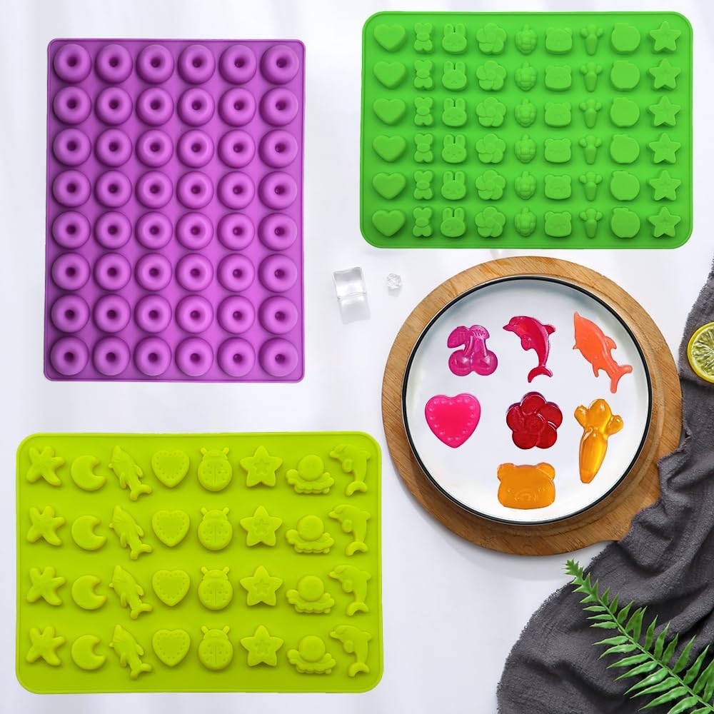 Gummy Candy Molds - Silicone Gummy Dinosaur/Marine Animal/Donut/Small Hearts Shapes/Fruit Snack Mold for Kids with 2pcs Dropper,Non-stick and Bpa Free for Mini Candy Chocolate Gummies Baking