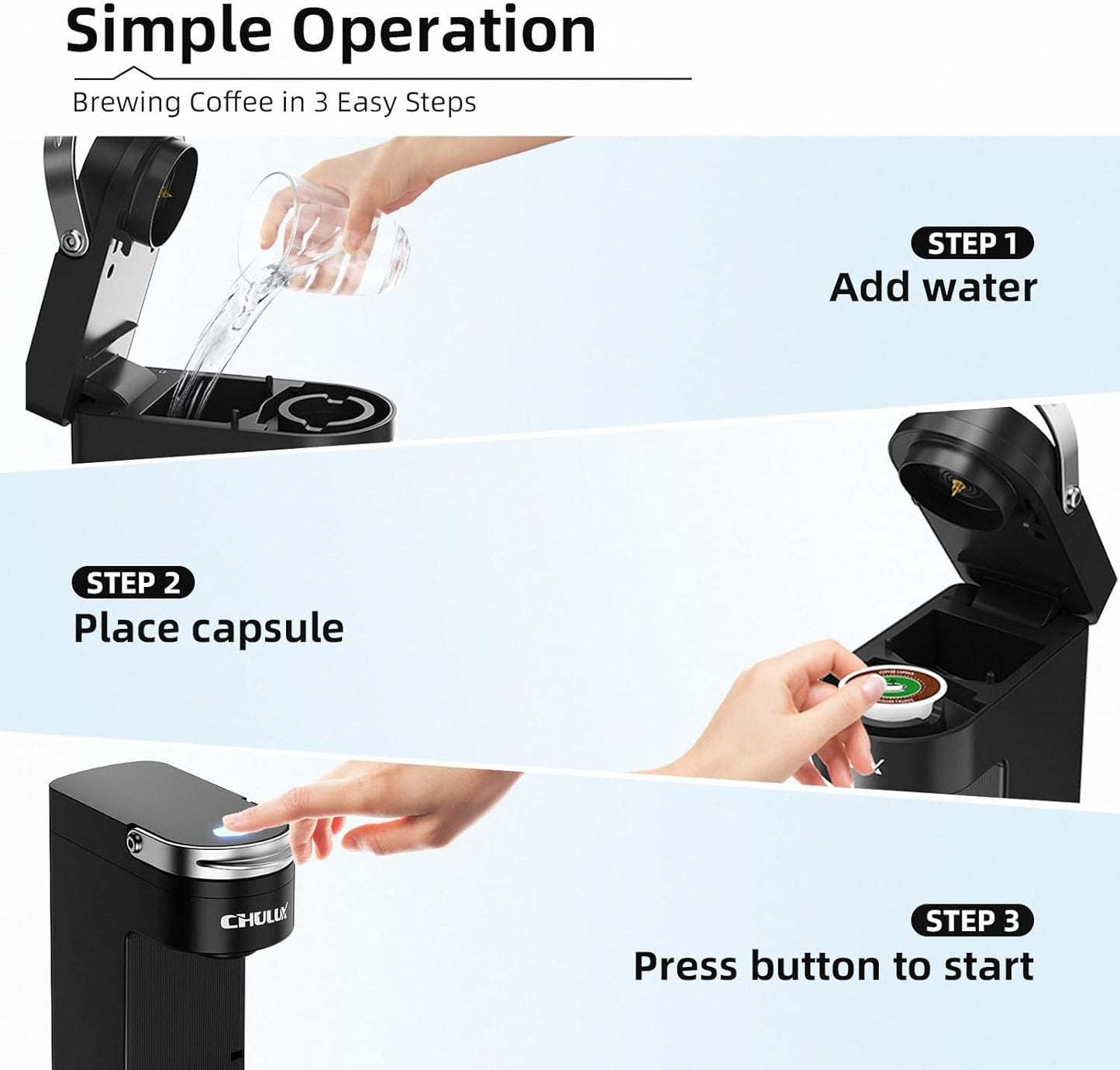 CHULUX Slim Single Serve Coffee Maker for K Cup, Mini Travel One Cup Coffee Machine for Home, Desk, Kitchen and Bedroom, Fits Travel Mug, Black