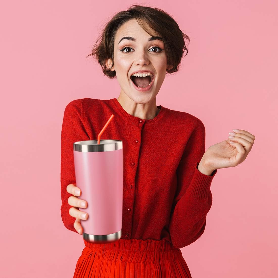 20oz Tumbler Stainless Steel Vacuum Insulated Mug with Lid, Double Wall Travel Mug, Durable Powder Coated Coffee Cup, Suitable for Ice Drinks and Hot Beverage (Pink 6pack)