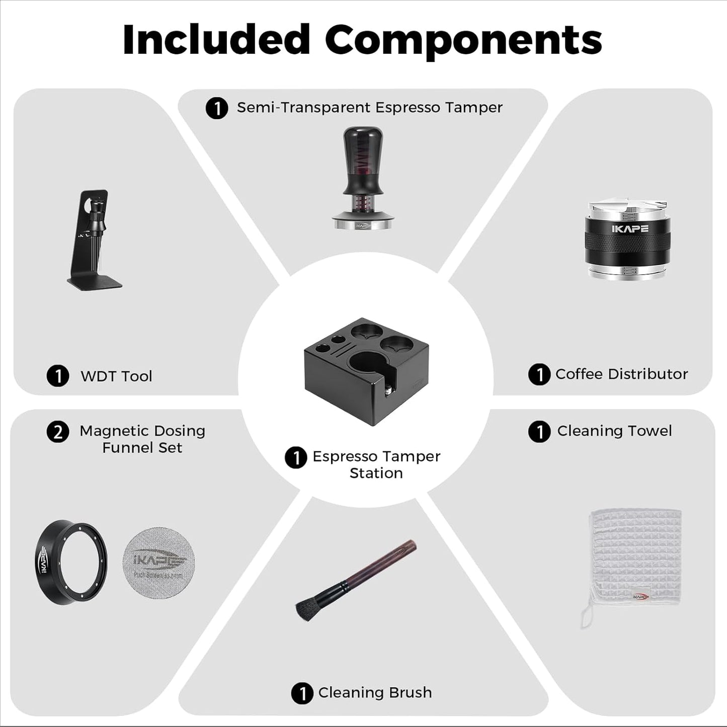 IKAPE 58mm Black Espresso Tool Set 8 IN 1, Coffee Tamper, Distributor, Magnetic Funnel, Puck Screen, Tamper Station, Stirrer Distribution Tool, Cleaning Towel and Brush