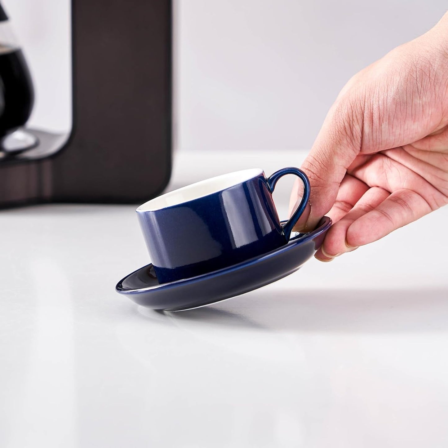 4oz Porcelain Stackable Espresso Cups with Saucers and Metal Stand Set of 4, Stackable Cappuccino Cups, Blue Expresso Shots Cup Set for Coffee Drinks, Latte, Americano, Tea