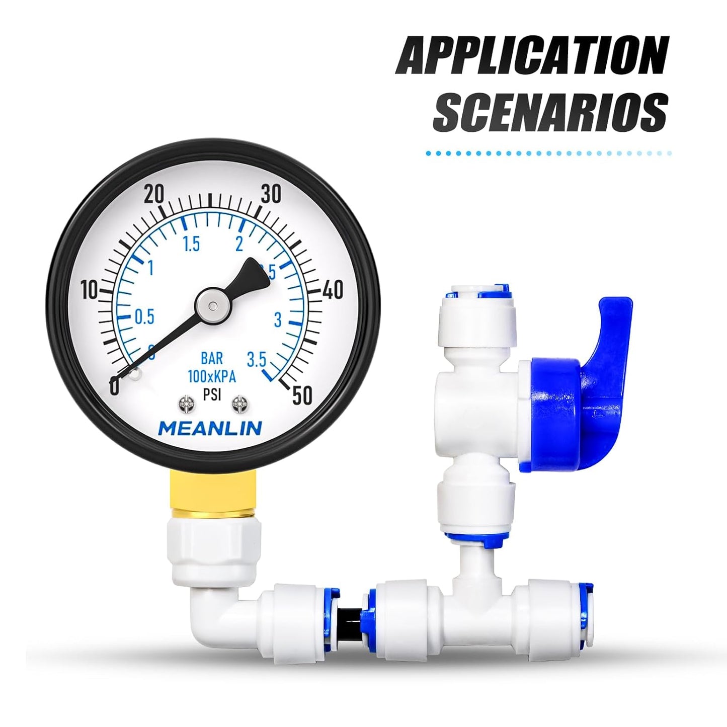MEANLIN MEASURE 0-50Psi 2" DIAL FACE 1/4" NPT Well Pump Pressure Gauge, with 1/2" NPT and 3/8" NPT Hex Bushing, 3-2-3% Accuracy, Lower Mount
