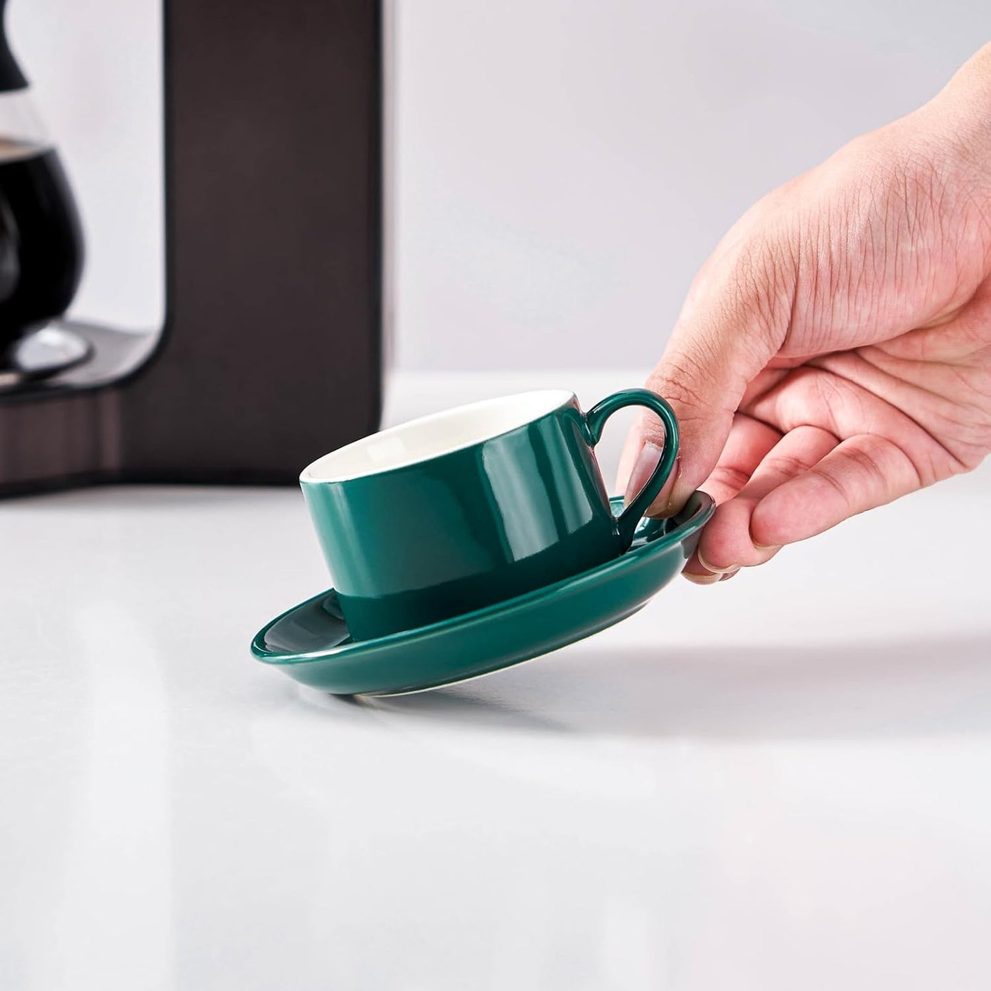 8oz Porcelain Stackable Cappuccino Cups with Saucers and Metal Stand Set of 4, Coffee Cups for Espresso, Specialty Coffee Drinks, Latte, Americano and Tea - Green