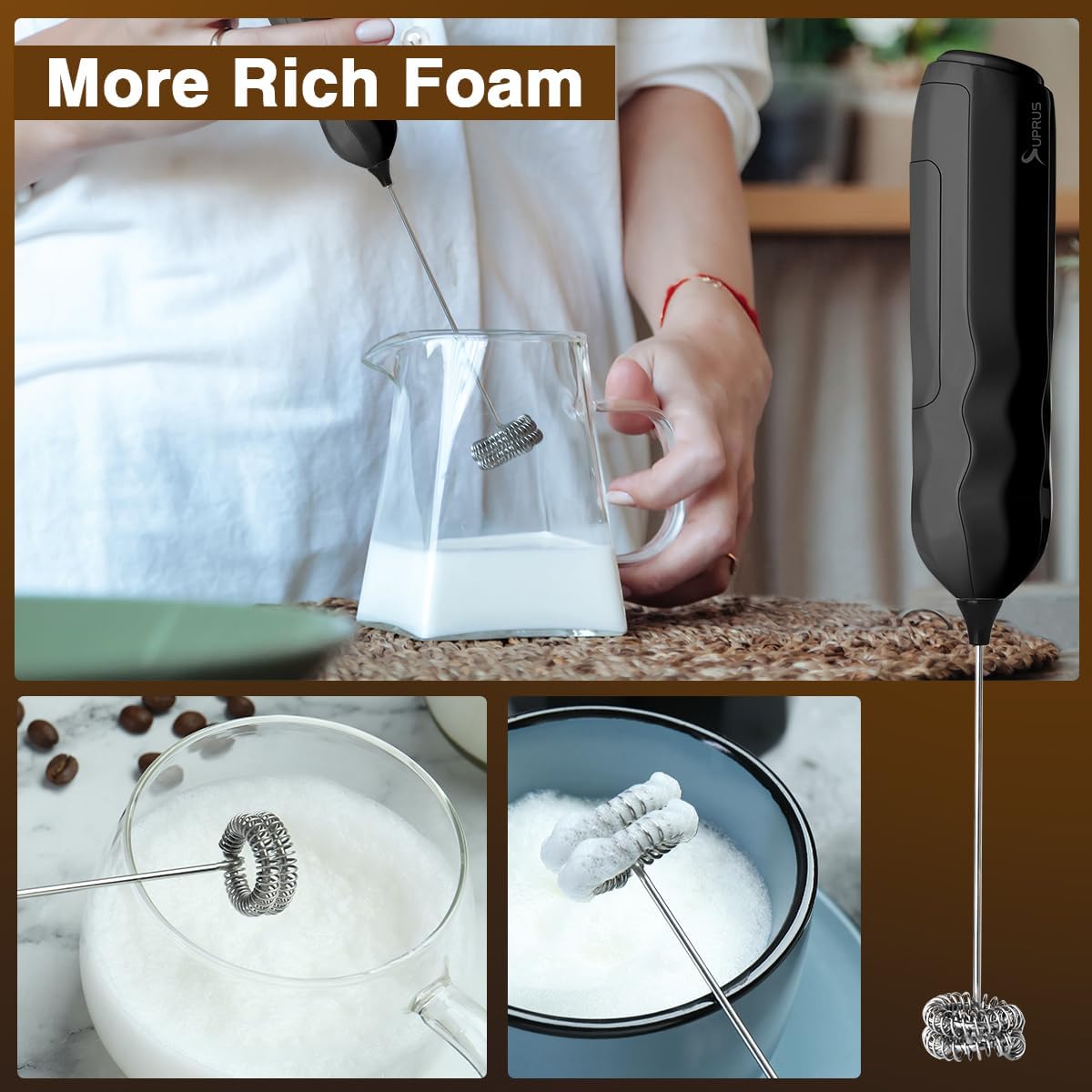 SUPRUS Ultra Fast Handheld Milk Frother Double Whisk with Stand 2 Batteries Stainless Steel for Lattes Cappuccino Matcha Hot Chocolate Coffee Bar Accessories Kitchen Gadgets Gift