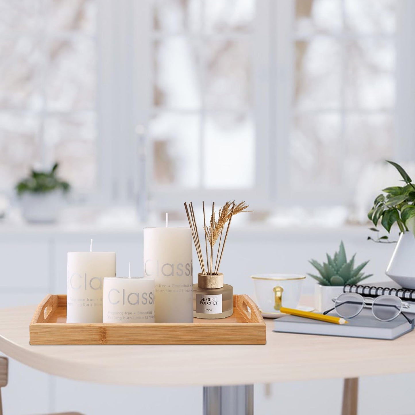 3 PCS Bamboo Serving Tray, 3 Size Nested Breakfast Bed Tray with Handle, Wood Serving Tray for Serving, Breakfast Bed Trays for Eating, Decor, Displaying Cake, Fruit