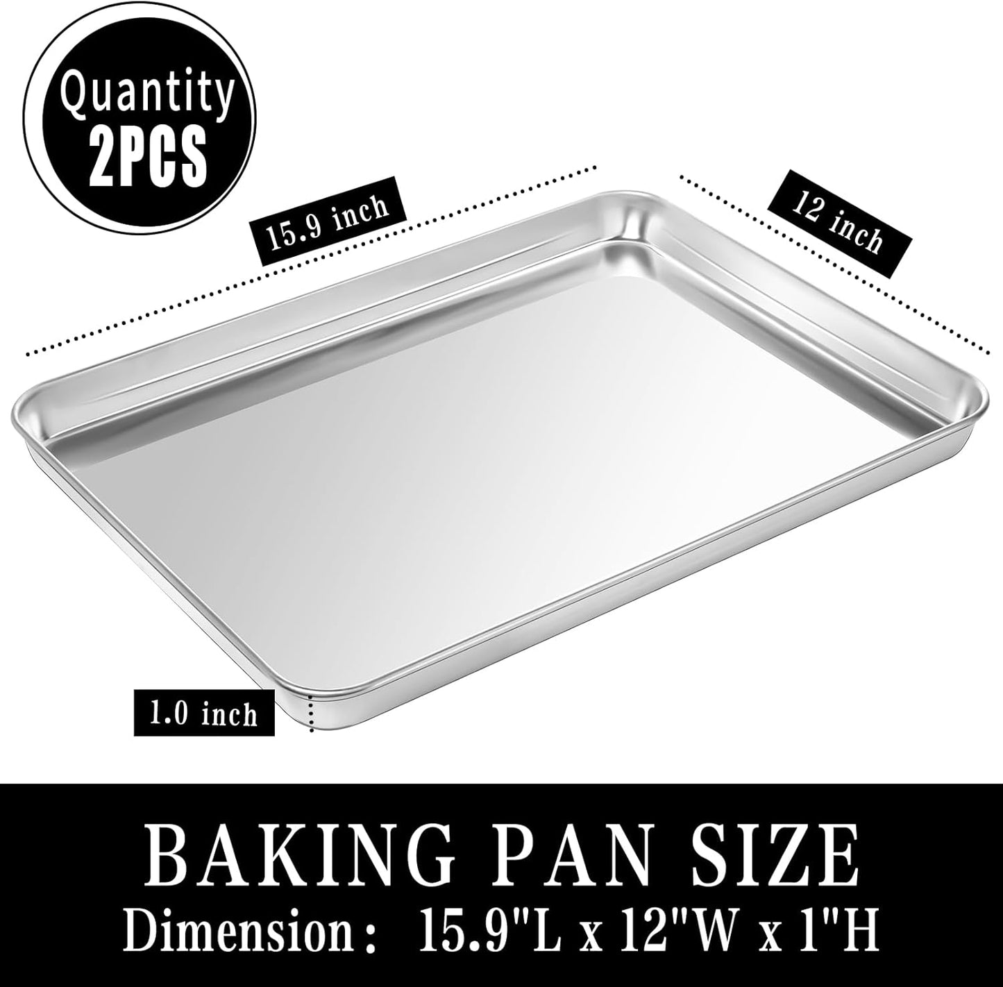 Stainless Steel Baking Sheet Set, 2 Pcs Cookie Sheet Pan Baking Trays for Oven, Non Stick and Heavy Duty and Easy Clean, 15.9 x 12 x 1 Inch