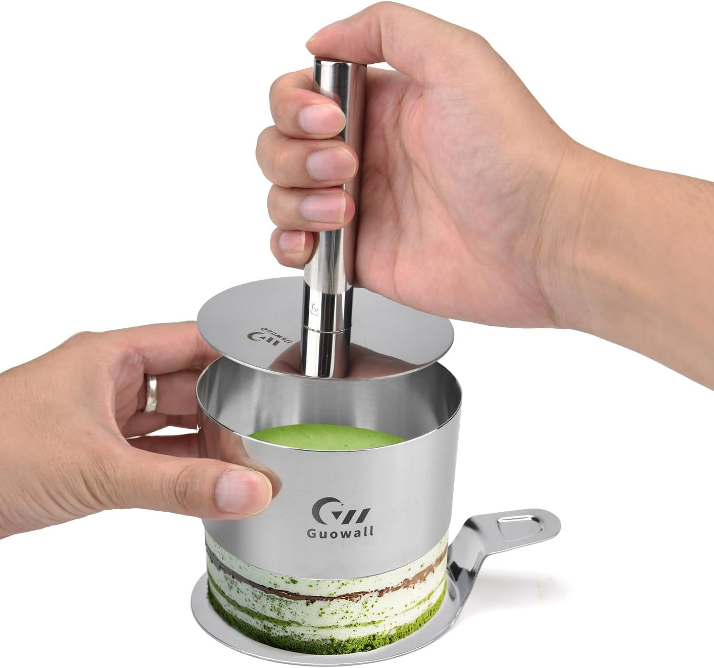 Guowall 4 pack Seamless Mousse Cake Ring set Stainless Steel 4 inch Round Food Mold Dessert Cutter for Baking (Includes 1 Lifter, 1 Pusher and 4 Rings)