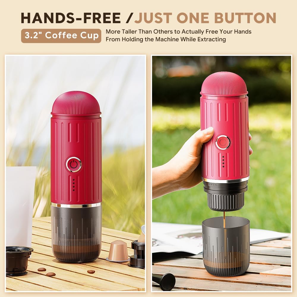 BENFUCHEN Portable Electric Espresso Machine, Travel Coffee Maker for Camping, On the Go Car Coffee Maker Self-Heating with USB-C, With Ground Coffee & N Espresso Capsule for RV/Hiking/Office, Red