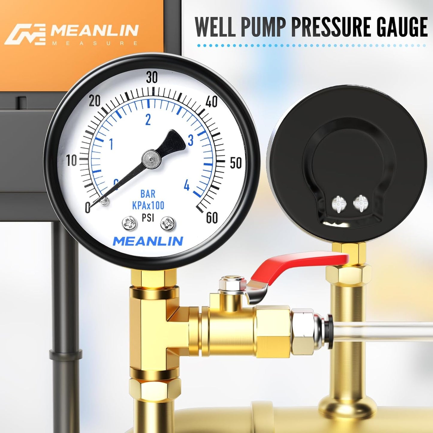 MEANLIN MEASURE 1/4" NPT 0-60Psi 2" Dial Face Well Pump Pressure Gauge, Lower Mount, Suitable for Water, Oil, Air Pressure Testing