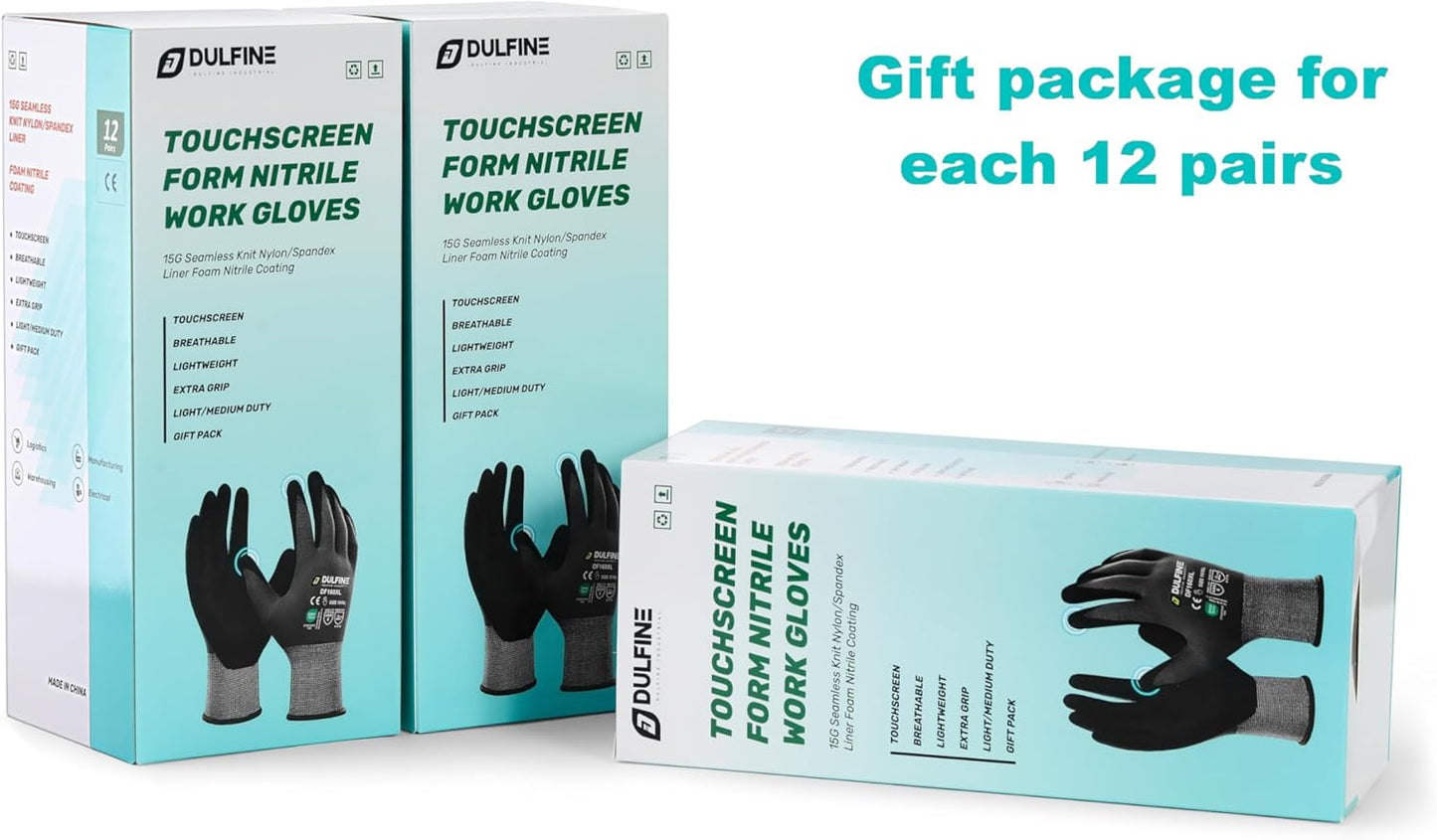 DULFINE Work Gloves for Men and Women,Hi-Vis Yellow Knit Nylon Glove with MicroFoam Nitrile Coated-12 Pairs Pack,Ideal for General Purpose,Automotive,Home Improvement,Painting(Medium)