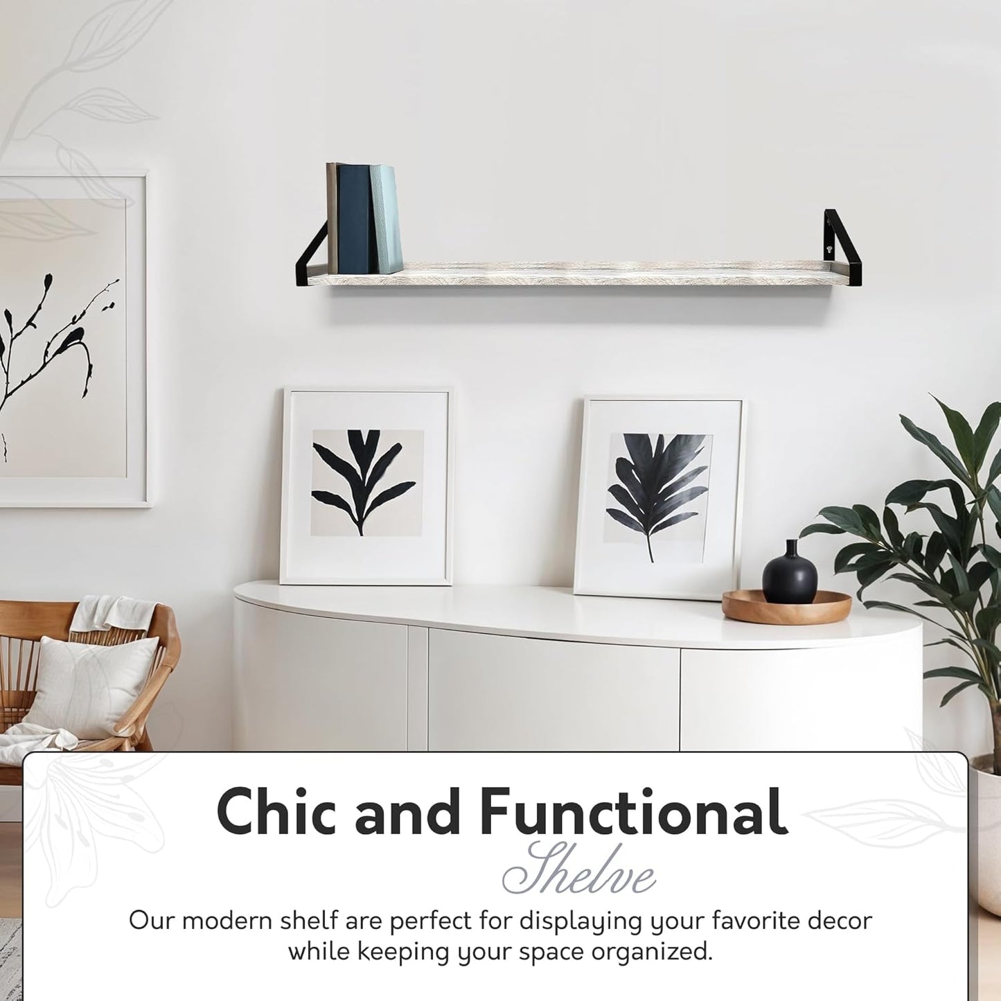 InPlace Shelving, Wall Mounted Real Solid Wood Rustic Bracket Ledge, 5" D x 60" W x 6.1"H, Distressed White, 9602101E