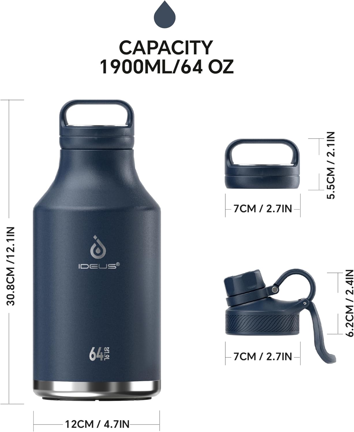 IDEUS Insulated Stainless Steel Water Bottle with 2 Leak-Proof Lids, Thermal Water Flask for Hiking Biking, 64oz, Navy Blue