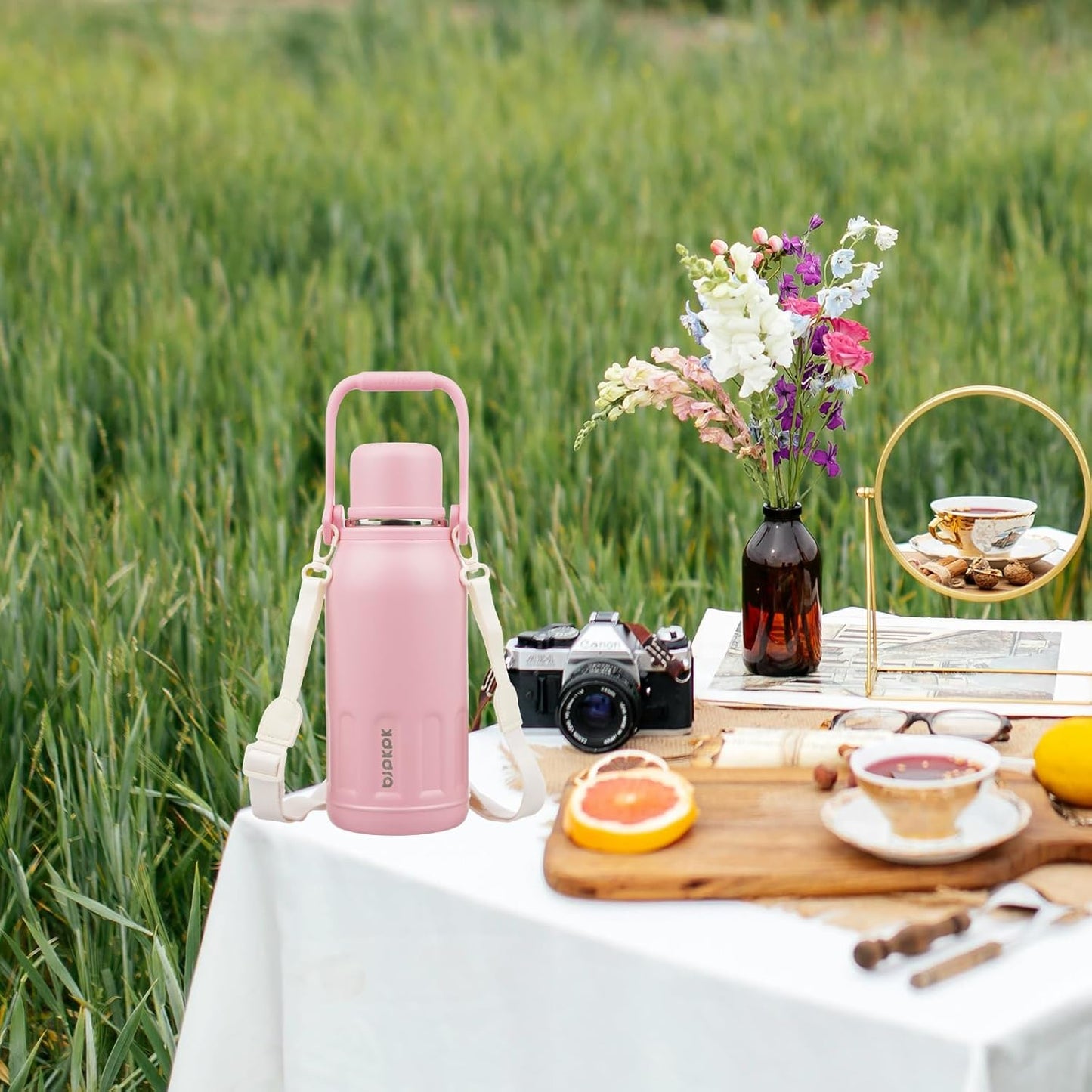 BJPKPK Insulated Water Bottle 40oz Stainless Steel Water Bottles Double Wall with Handle and Cup Lid Travel Metal Thermos,Light Pink