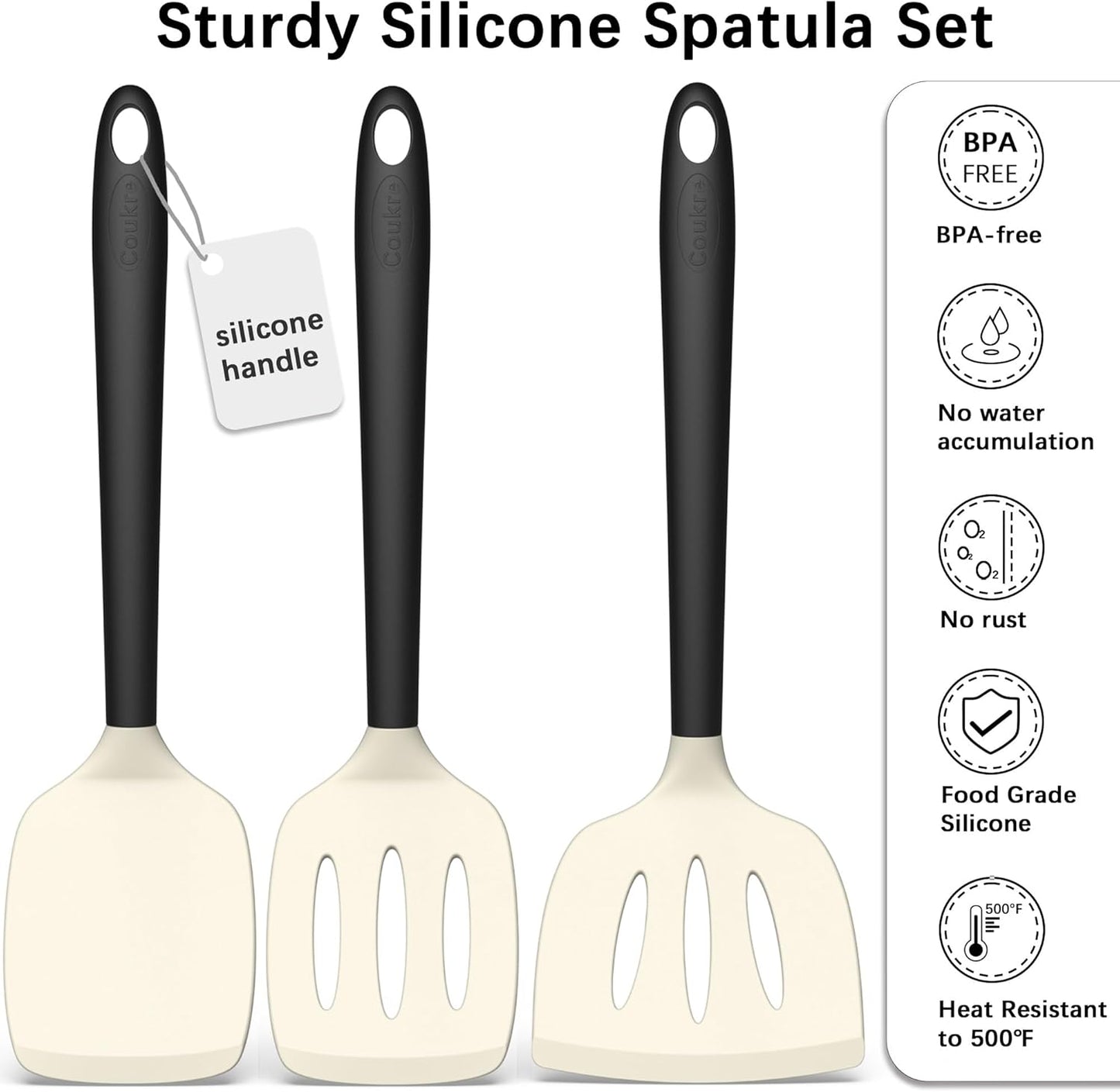 Coukre Silicone Spatula Set of 3, High Heat Resistant, BPA-Free, Kitchen Utensils, Fish Spatula, Solid & Slotted Turner for Non-Stick Pans, Flipping Eggs, Pancakes, Fish, Burgers (3, Beige)