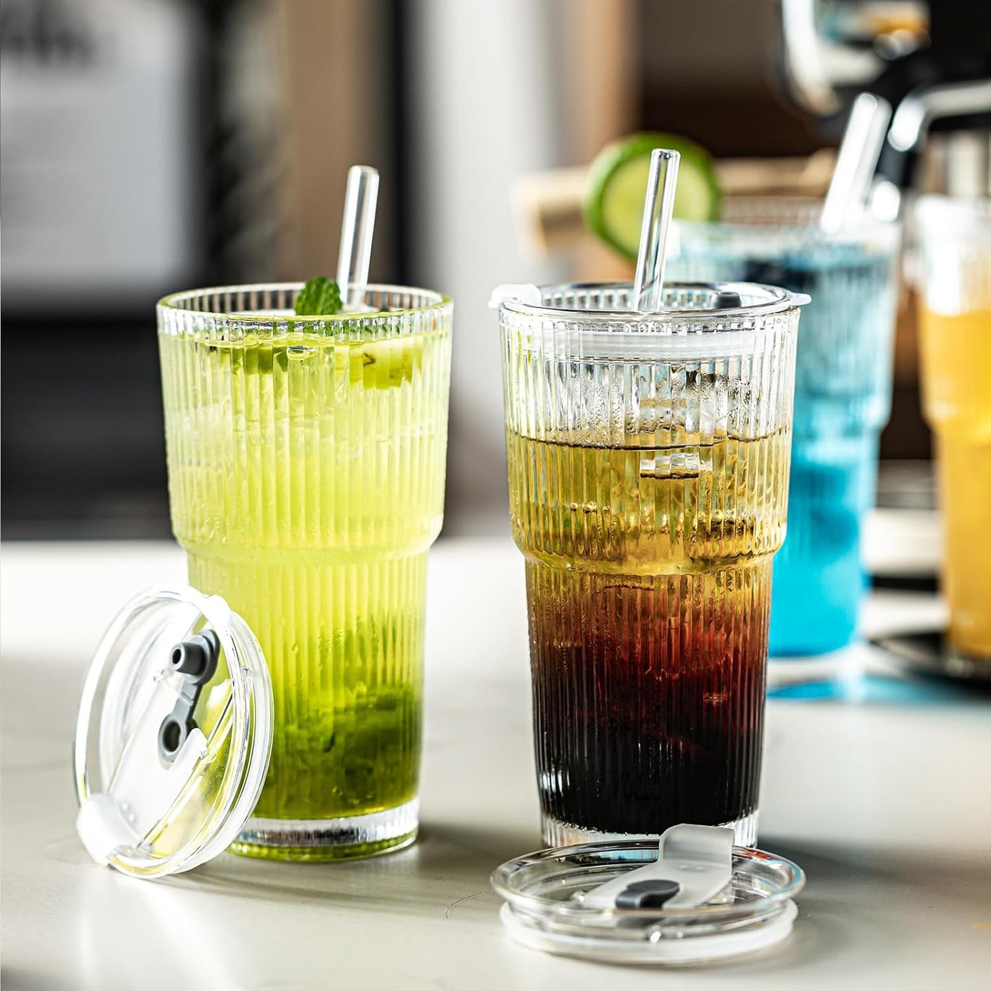 20oz Ribbed Drinking Glasses with Lids and Glass Straws-Thickened Glass cup -Vintage glass straw cups- Ideal for Iced Coffees, Cocktails, Juices, Family Use and Parties (6)