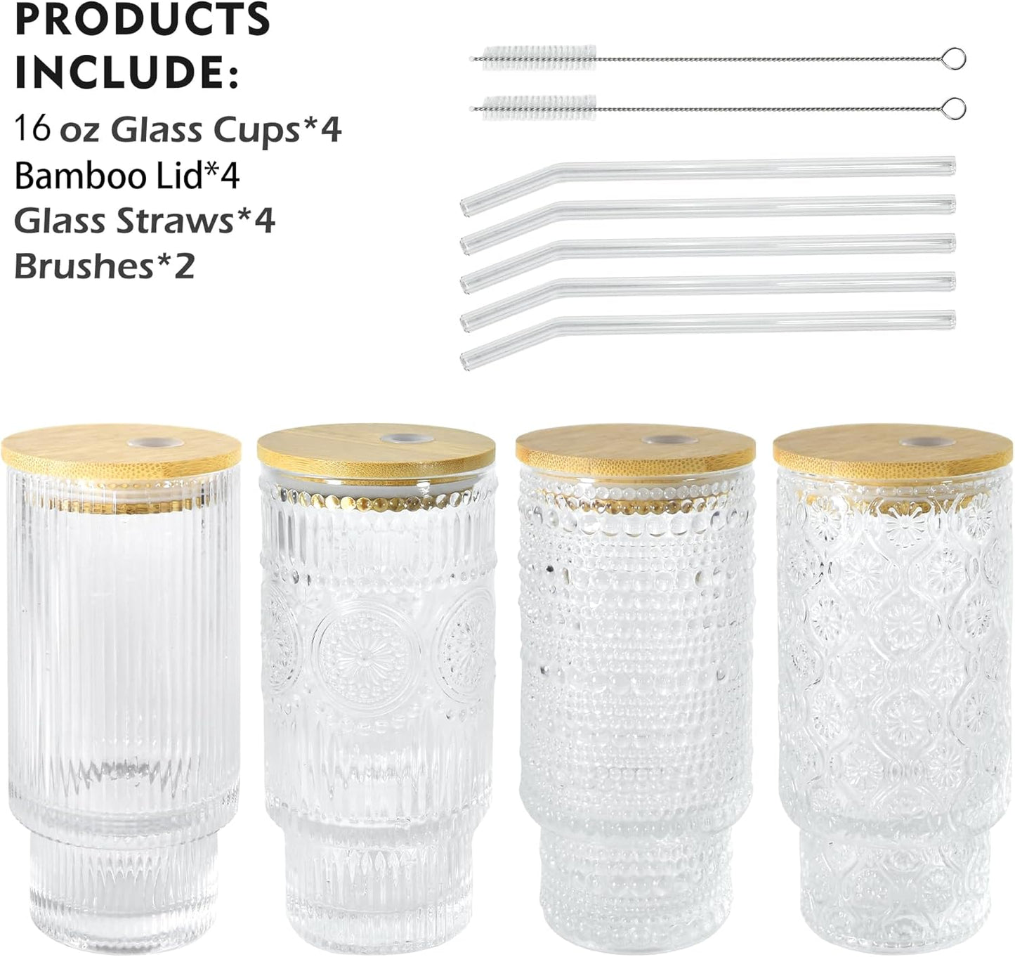 16oz Drinking Glasses Cups Set of 4 with Bamboo Lids Straws Brush Vintage Glassware Set for Mojito Iced Coffee Beer Cocktail Whiskey(Mixed)