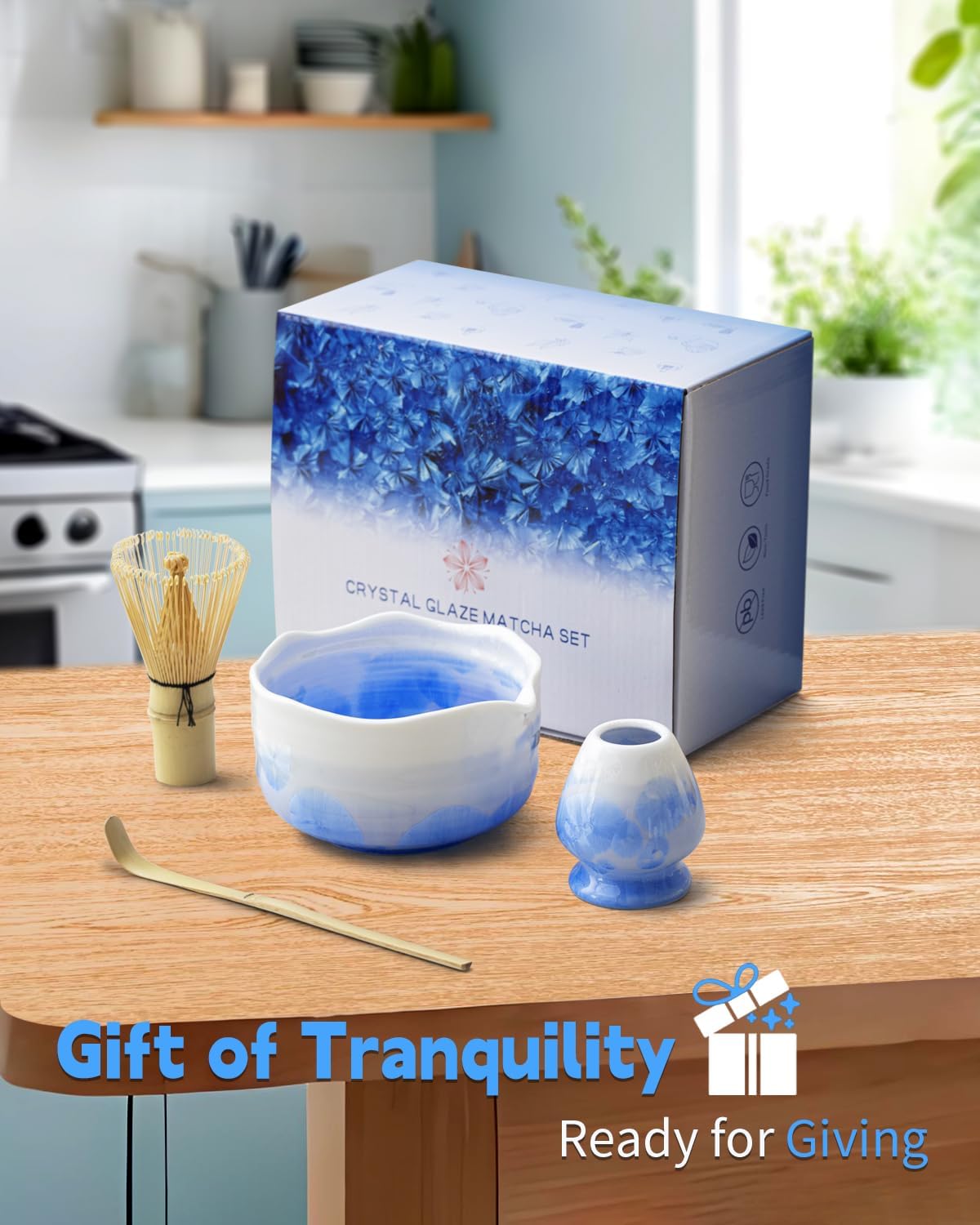 Natural Crystal Flower Matcha Set - 4 Pcs Food Grade Matcha Kit with Spouted Bowl, Matcha Whisk, Scoop and Chasen Holder - Matcha Tea Ceremony Gift for Matcha Lovers (Mist Azure)